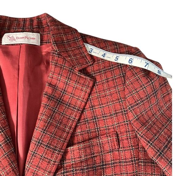 Vintage Evan Picone Red Plaid Tweed Blazer Jacket Shoulder Pad 2 Buttons No Size - Picture 10 of 11